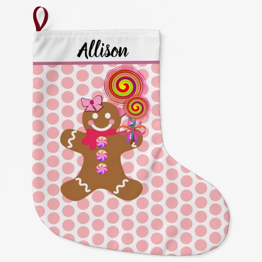 Niedlich Gingerbread Girl Pink Polka Dots Personal Großer Weihnachtsstrumpf (Vorderseite)