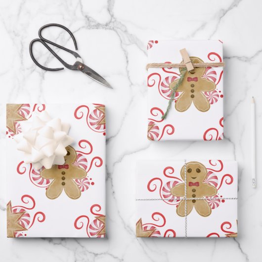Niedlich Gingerbread Man & Peppermint Weihnachten Geschenkpapier Set (Vorderseite)