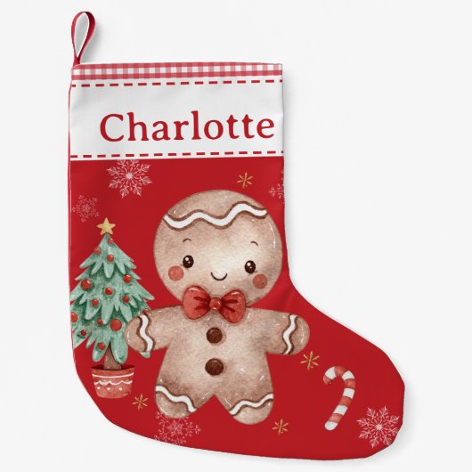 Niedlich Gingerbread Man Tree Candy Cane Red Gingh Kleiner Weihnachtsstrumpf (Vorderseite)