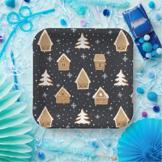 Niedlich Gingerbread Village Fir Trees Blauer Weih Pappteller (Party)