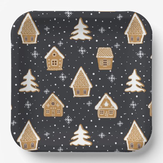 Niedlich Gingerbread Village Fir Trees Blauer Weih Pappteller (Vorderseite)