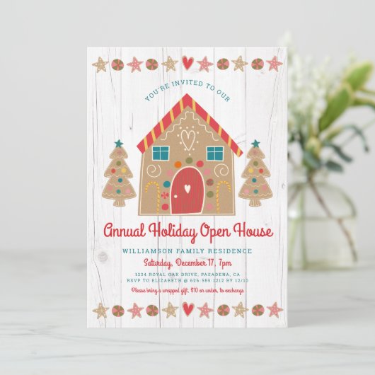 Niedlich Gingerbrett Open House Rustikales Weihnac Einladung (Stehend Vorderseite)