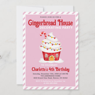 Niedlich Gingerbrot House Candy Cane Pink Geburtst Einladung