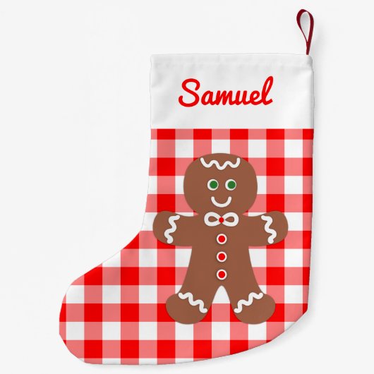 Niedlich Gingerbrot Man Red Gingham Monogramm Kleiner Weihnachtsstrumpf (Rückseite)