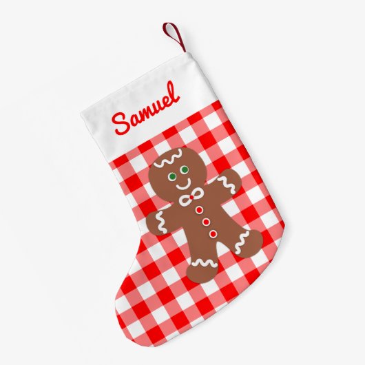 Niedlich Gingerbrot Man Red Gingham Monogramm Kleiner Weihnachtsstrumpf (Rückseite (Hängend))