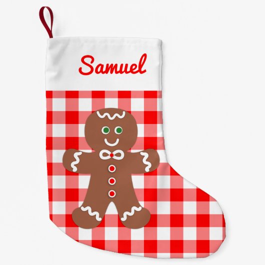 Niedlich Gingerbrot Man Red Gingham Monogramm Kleiner Weihnachtsstrumpf (Vorderseite)