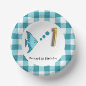Niedlich Gingham Aquamarin Blue Fish & Balloon 1. Pappteller (Vorderseite)