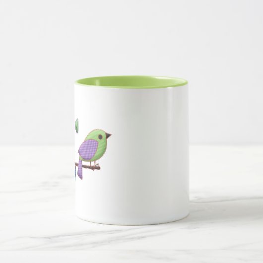 Niedlich Gingham Bird mit Pastel-Blätter Tasse (Zentrum)