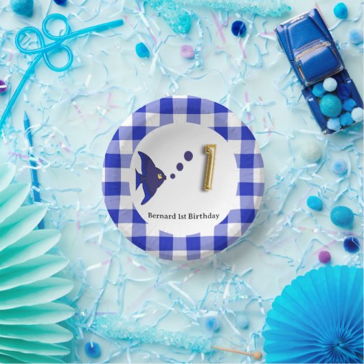 Niedlich Gingham, Blue Fish & Balloon 1. Geburtsta Pappteller (Party)