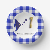 Niedlich Gingham, Blue Fish & Balloon 1. Geburtsta Pappteller (Vorderseite)