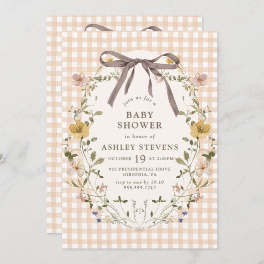 Niedlich Gingham Fall Floral Neutral Baby Dusche Einladung (Vorne/Hinten)