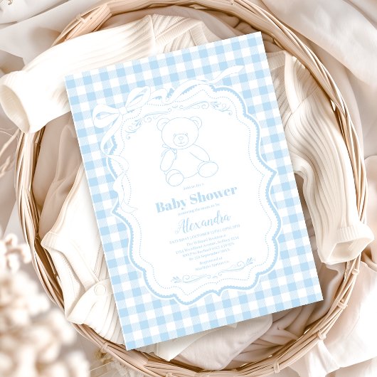 Niedlich Gingham French Teddy Bear Baby Shower Einladung