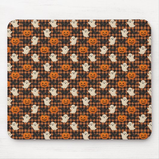 Niedlich, Gingham-halloween-Geist-Kürbisbäume Mousepad (Vorne)