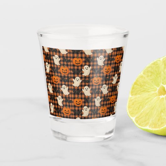 Niedlich, Gingham-halloween-Geist-Kürbisbäume Schnapsglas (Vorderseite)