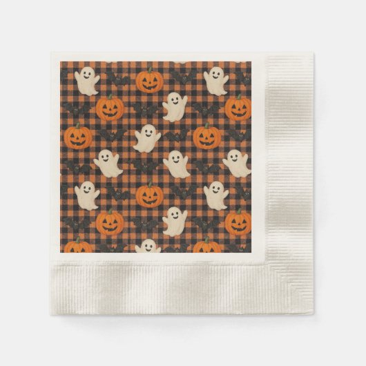 Niedlich, Gingham-halloween-Geist-Kürbisbäume Serviette (Vorderseite)