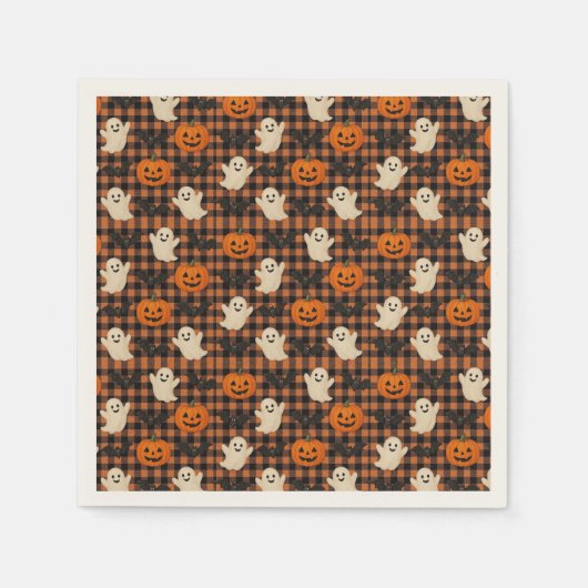 Niedlich, Gingham-halloween-Geist-Kürbisbäume Serviette (Vorderseite)
