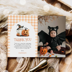 Niedlich Gingham Halloween Ghost 1. Geburtstag Fot Dankeskarte