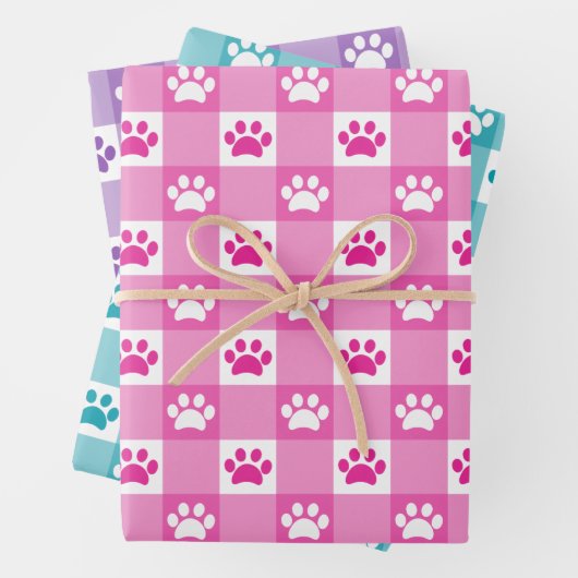 Niedlich Gingham Paw Print Pattern Pink Aquamarin Geschenkpapier Set (Beispiel)