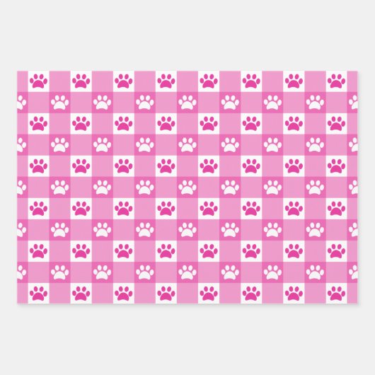 Niedlich Gingham Paw Print Pattern Pink Aquamarin  Geschenkpapier Set (Vorderseite)