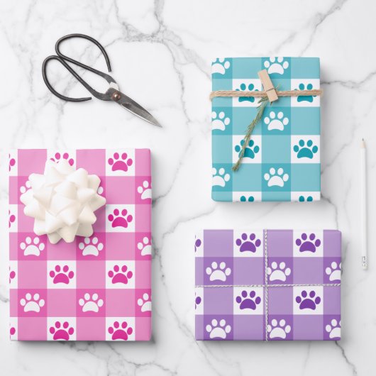 Niedlich Gingham Paw Print Pattern Pink Aquamarin Geschenkpapier Set (Vorderseite)
