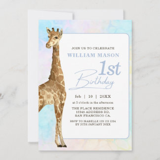 Niedlich Giraffe Boy 1. Geburtstag Blau Einladung