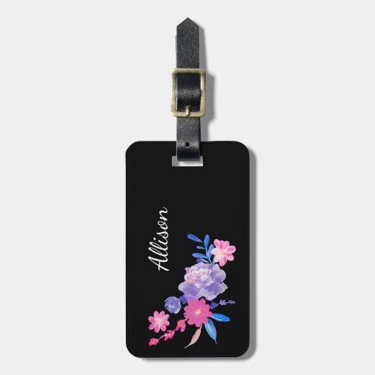 Niedlich Giralrosa Lila Schwarze Blütenmonogramm Gepäckanhänger (Vorderseite vertikal)