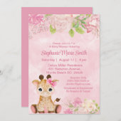 Niedlich Girl Baby Giraffe Pink Floral Baby Dusche Einladung (Vorne/Hinten)