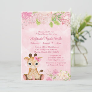 Niedlich Girl Baby Giraffe Pink Floral Baby Dusche Einladung