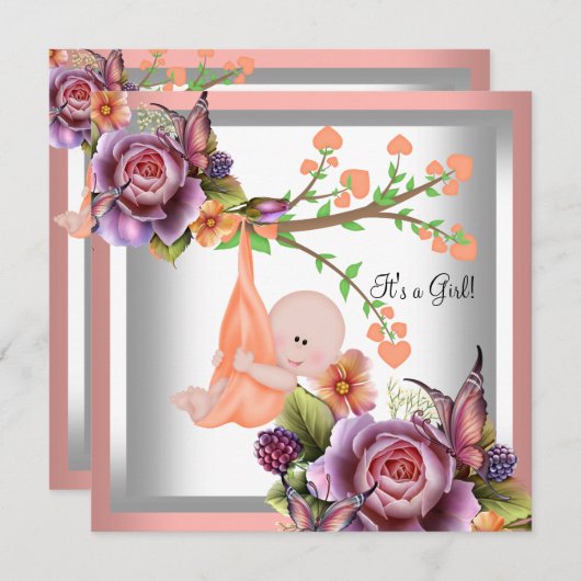 Niedlich Girl Baby Shower Girl Coral Peach 2 Einladung (Vorne/Hinten)