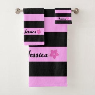 Niedlich Girl Black & Pink Streifen Frangipani Cus Badhandtuch Set