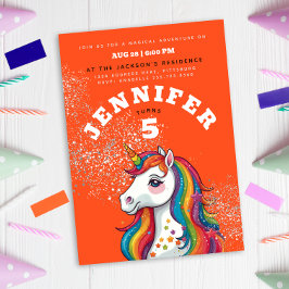 Niedlich Girl Einicorn Roter Glitzer Rote Sterne Einladung