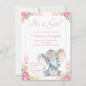 Niedlich Girl Elephant Babydusche Einladung (Vorderseite)
