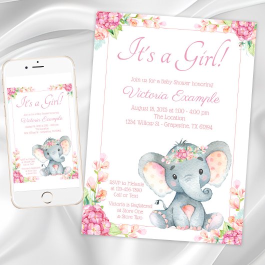 Niedlich Girl Elephant Babydusche Einladung