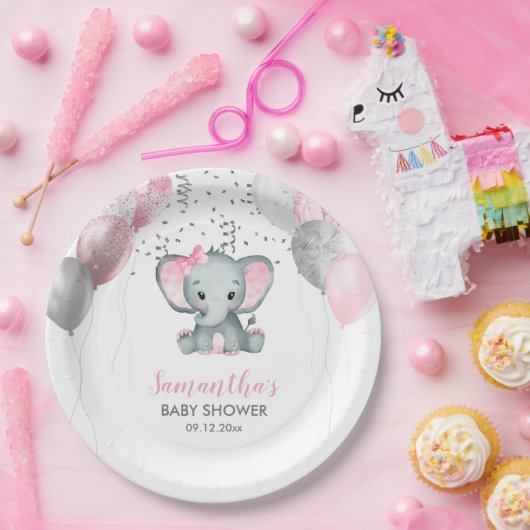 Niedlich Girl Elephant Pink Balloons Babydusche Pappteller (Party)
