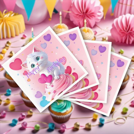 Niedlich Girl Fun White Kitten Cupcake Geburtstags Serviette