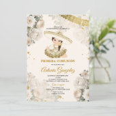 Niedlich Girl-Gold-Creme-Blume Primera Comunión Einladung (Stehend Vorderseite)