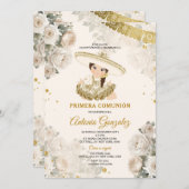 Niedlich Girl-Gold-Creme-Blume Primera Comunión Einladung (Vorne/Hinten)