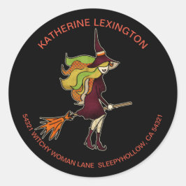 Niedlich Girl Halloween Hexenbromstickeradresse Runder Aufkleber