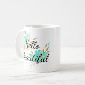 Niedlich Girl Hello Beautiful Gold & Blue Floral Kaffeetasse (Vorderseite Links)