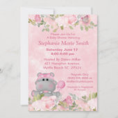 Niedlich Girl Hippo Pink Blütendusche Einladung (Vorderseite)