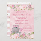 Niedlich Girl Hippo Pink Blütendusche Einladung (Vorne/Hinten)