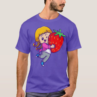 Niedlich Girl Holding Strawberry Cartoon T-Shirt