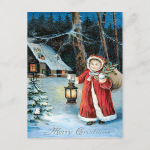 Niedlich Girl Lantern Holly Winter Hütte Postkarte