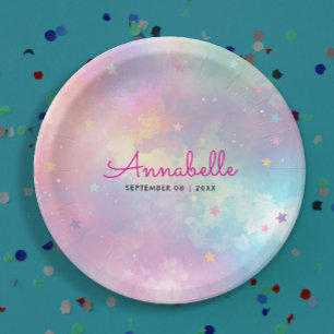 Niedlich Girl Lila Pink Holographic Sky Wassercolo Pappteller