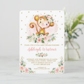 Niedlich Girl Monkey Baby Pink Gold Floral Baby Du Einladung (Stehend Vorderseite)