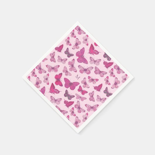 Niedlich Girl Pink Butterfly Pattern Monogramm Serviette (Ecke)
