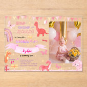 Niedlich Girl Pink Dino Dinosaur Foto Kindergeburt Acryleinladungen (Vorderseite)