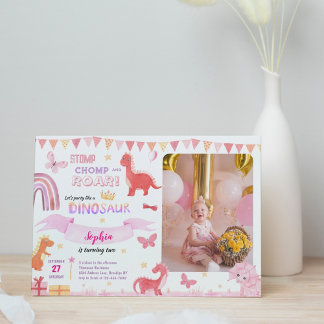 Niedlich Girl Pink Dino Dinosaur Foto Kindergeburt Einladung