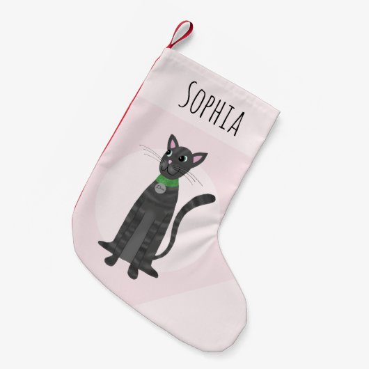 Niedlich Girl Pink Grau Tabby Katze Cartoon Kinder Kleiner Weihnachtsstrumpf (Vorderansicht (hängend))