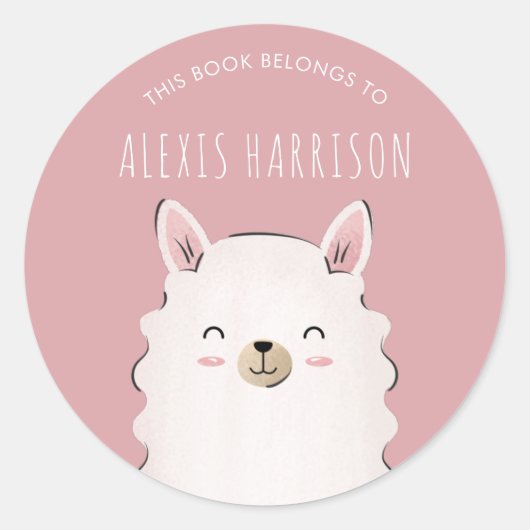 Niedlich Girl Pink Happy Llama Kid's Name Funny An Runder Aufkleber (Vorderseite)